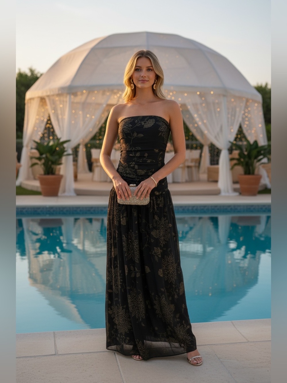 BCBG Sz 4 Black Gold Metallic Floral Print Strapless Ruched Maxi Dress Formal